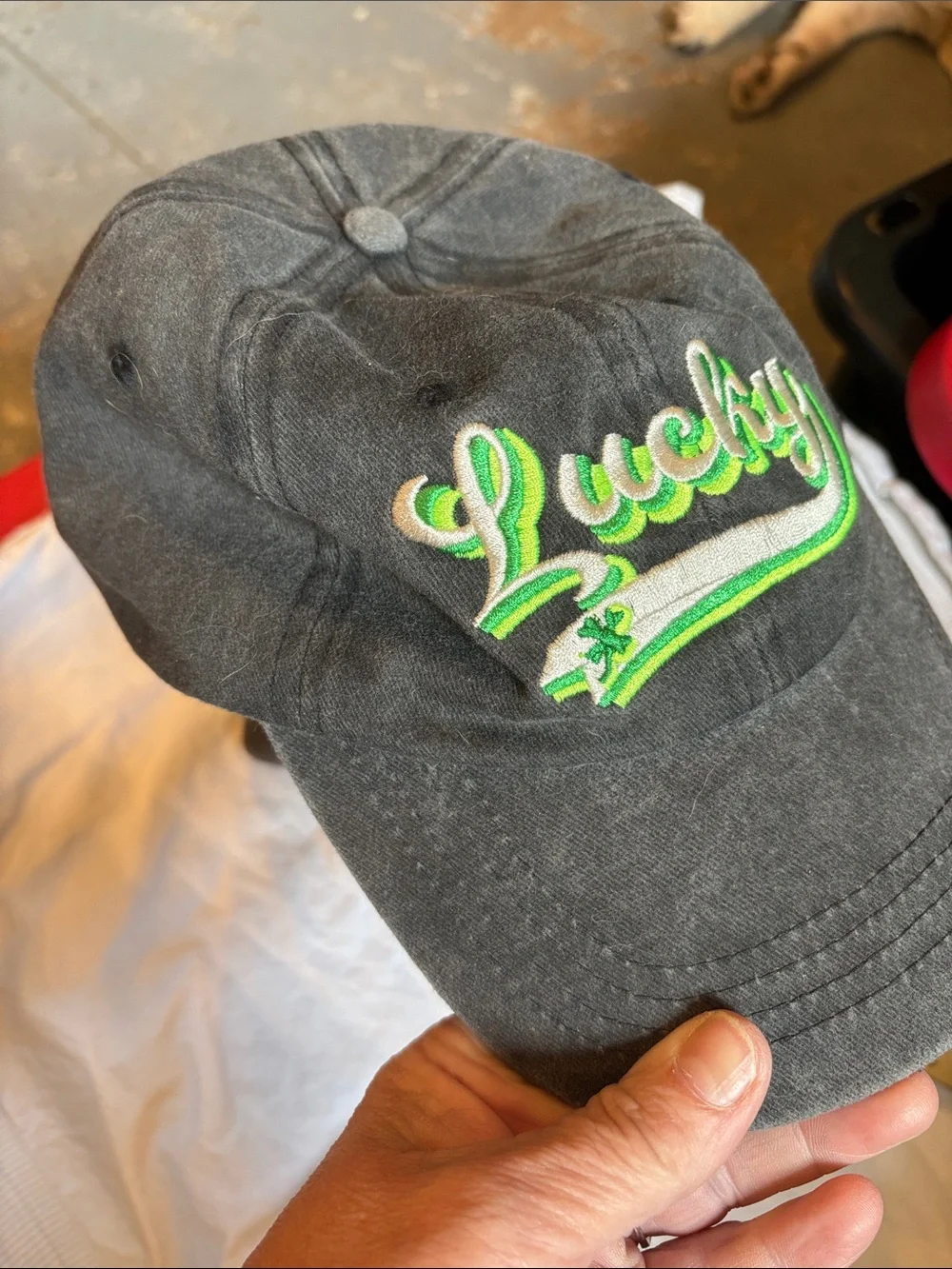 Lucky Embroidered Kids Hat in Charcoal with Lime Green